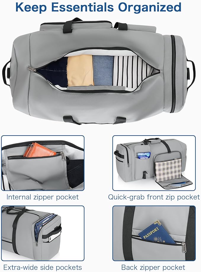 80L Large Duffle Bag for Travel, Urtala 26” Travel Duffle Bag for Men and Women, Foldable Traveling Duffel Bags with Shoes Compartment, Waterproof and Tear Resistant (Gray)