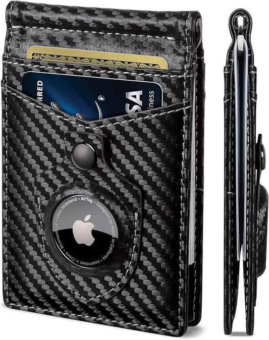 SERMAN BRANDS AirTag Wallet - RFID Blocking Mens Minimalist Money Clip Wallet for Airtag - Full Grain Leather - Slim Bifold. Front Pocket for Air tag Wallets for men. Gift (Carbon Air)