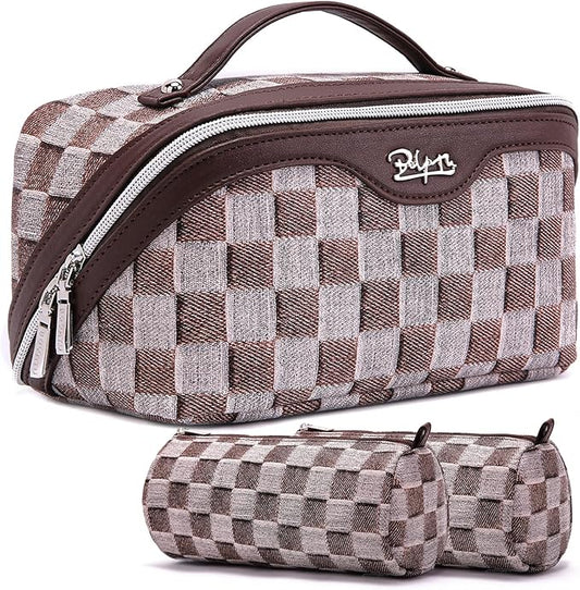 BOYATU Travel Makeup Bag for Women: Large Cosmetic Bag Set of 3 - PU Leather Make up Bag with Compartments - Compact Waterproof Toiletry Bag with Divider & Handle (D-3-Brown)