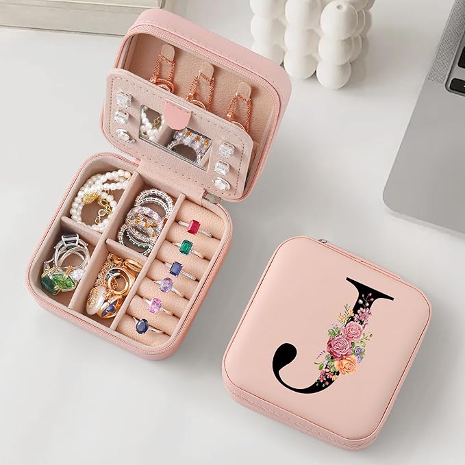 Parima Christmas Stocking Stuffers Gifts Travel Jewelry Case Jewelry Box - Small Initial Jewelry Case Organizer Travel Essentials for Women Birthday Gifts for Mom Friends Bridesmaids - Letter J, Pink
