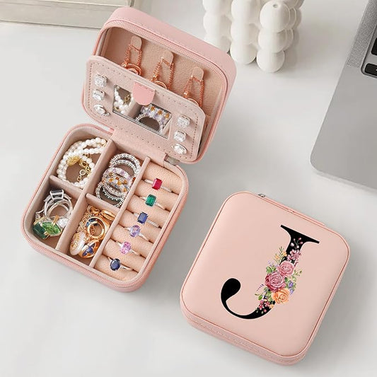 Parima Christmas Stocking Stuffers Gifts Travel Jewelry Case Jewelry Box - Small Initial Jewelry Case Organizer Travel Essentials for Women Birthday Gifts for Mom Friends Bridesmaids - Letter J, Pink
