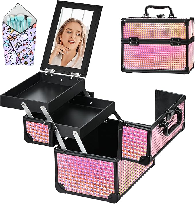 Makeup Case Organizer,Makeup Train Case, Trays Cosmetic Box Portable, Profesional for Salon Barber,Black Bright Pink