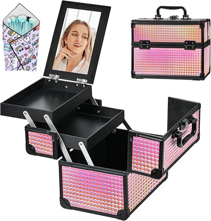 Makeup Case Organizer,Makeup Train Case, Trays Cosmetic Box Portable, Profesional for Salon Barber,Black Bright Pink