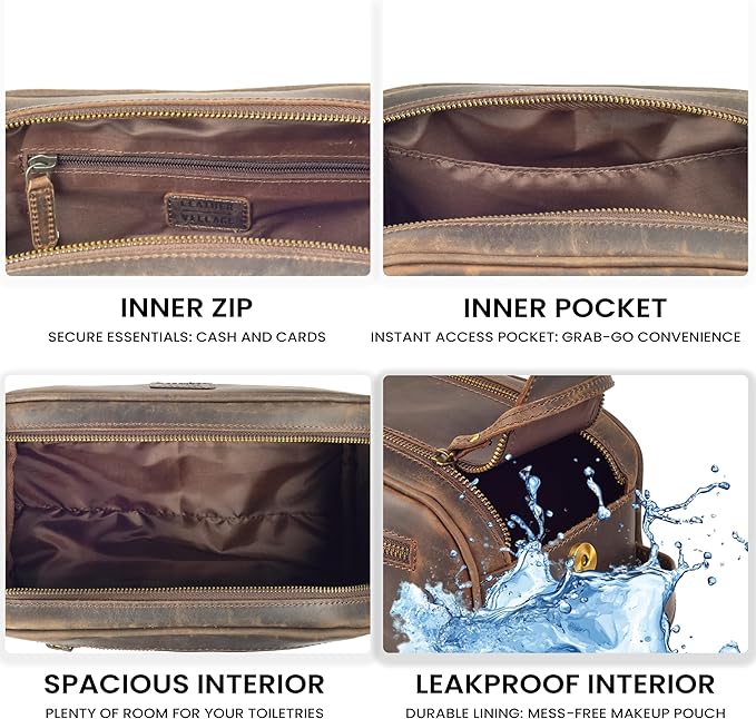 LEATHER VILLAGE Premium Leather Toiletry Travel Pouch With Waterproof Lining - Brown | King-Size Handcrafted Vintage Dopp Kit Bag, Shaving & Bathroom Organizer, Gift for Men & Women