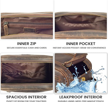 LEATHER VILLAGE Premium Leather Toiletry Travel Pouch With Waterproof Lining - Brown | King-Size Handcrafted Vintage Dopp Kit Bag, Shaving & Bathroom Organizer, Gift for Men & Women