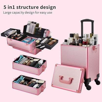 Rolling Makeup Case, Makeup Train Case with Lid, 5 in 1 Cosmetology Case on Wheels, Christmas Gift, Large Makeup Case Organizers, Profesional Cosmetic Case for Salon Barber, Pink