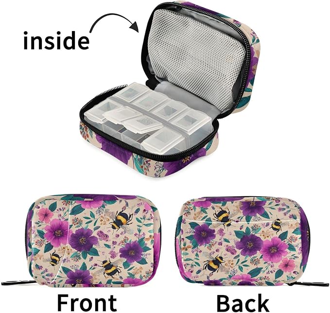 Beige Bees and Colorful Flowers Travel Pill Organizer Case Box Container Weekly Portable Vitamin Medicine Holder Storage Bag with Zipper Removable