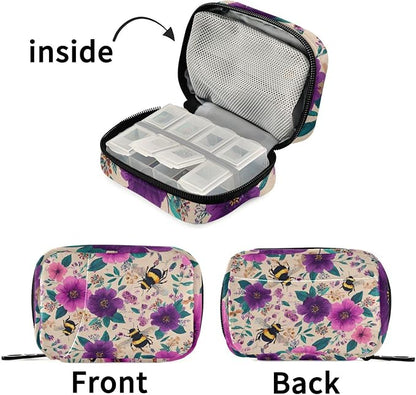 Beige Bees and Colorful Flowers Travel Pill Organizer Case Box Container Weekly Portable Vitamin Medicine Holder Storage Bag with Zipper Removable