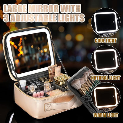 Makeup Travel Train Case with Mirror LED Light 3 Adjustable Brightness Large Cosmetic Bag Portable Storage Adjustable Partition Waterproof Make up Brushes Makeup Jewelry Gift for Women