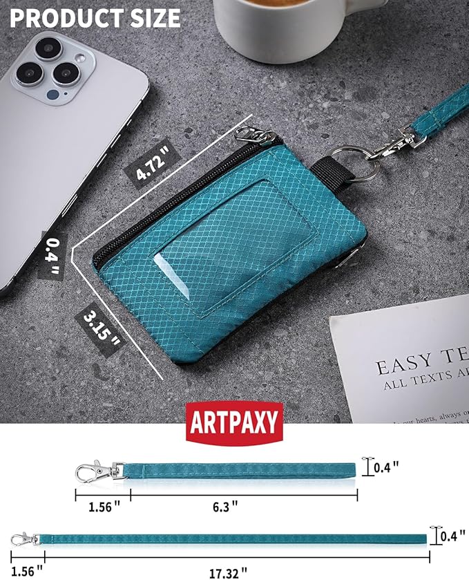 Minimalist Wallet For Mens Womens, Keychain RFID Blocking Zipper Small Wallet with ID Window 2 Lanyards,Water Resistant Travel Cash Card Coin Case Boys Girls