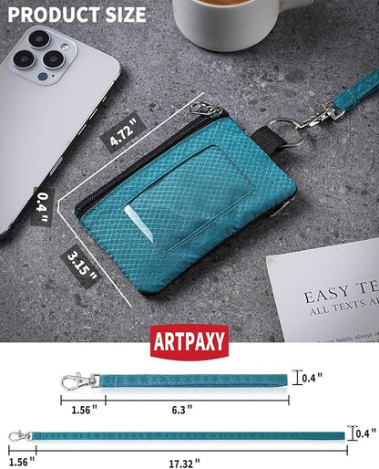 Minimalist Wallet For Mens Womens, Keychain RFID Blocking Zipper Small Wallet with ID Window 2 Lanyards,Water Resistant Travel Cash Card Coin Case Boys Girls