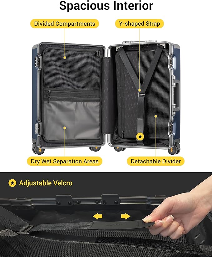 LEVEL8 Carry On Luggage Airline Approved Zipperless with Aluminum Frame, Hard Case Luggage with Spinner Wheels, Metal Travel Suitcase with Double Tsa Locks, 20 Inch, Blue