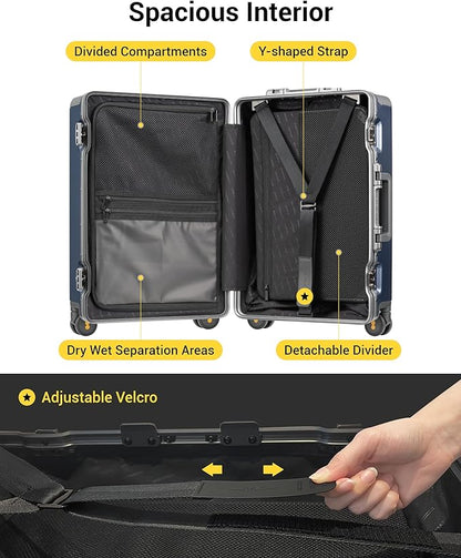 LEVEL8 Carry On Luggage Airline Approved Zipperless with Aluminum Frame, Hard Case Luggage with Spinner Wheels, Metal Travel Suitcase with Double Tsa Locks, 20 Inch, Blue