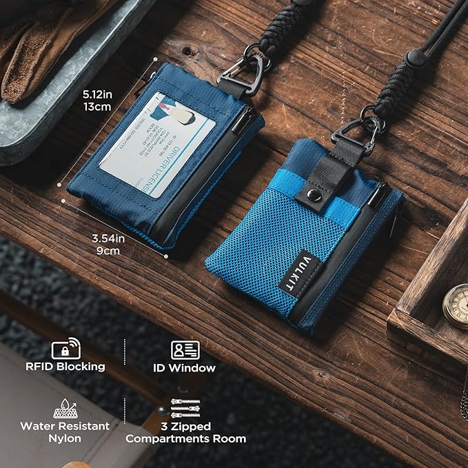 VULKIT Small RFID Wallet for Women & Men – Minimalist Zipper Wallet with ID Window, Keychain & Carabiner, Holds 15 Cards, Water Resistant Travel Lanyard Wallet Blue