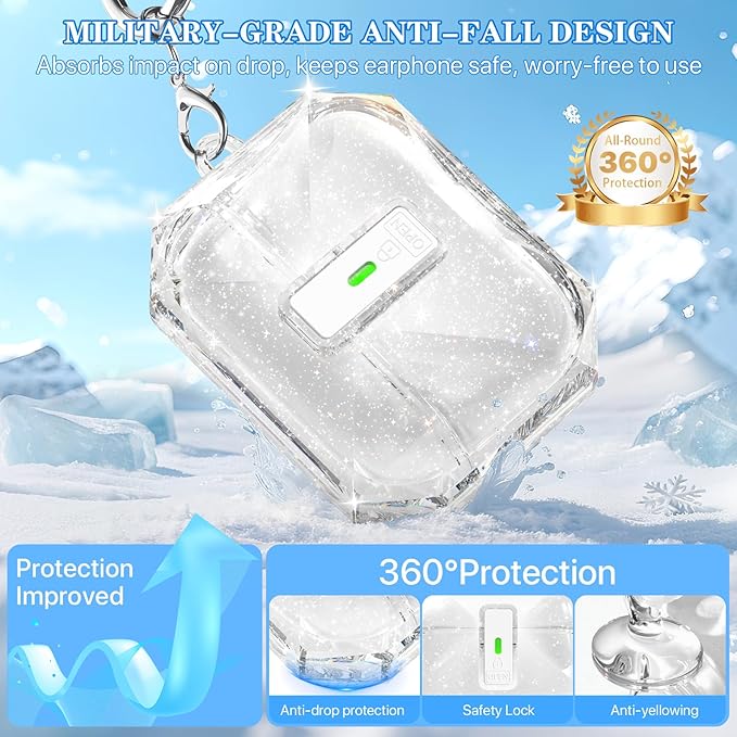 R-fun for AirPods Pro 3 Case (2025) Cover with Cleaning Kit, Military-Grade Shockproof Transparent Non-Yellowing, Auto Pop-Up Lid Design for AirPods Pro 3rd Generation Case, Glitter