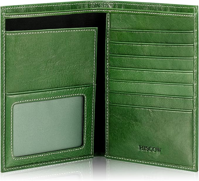 HISCOW Italian Leather Passport Holder for Travel - RFID Blocking Wallet Cover with Secure Organizer for Men & Women, US & Foreign Trips, Green Vegetable-Tanned Leather