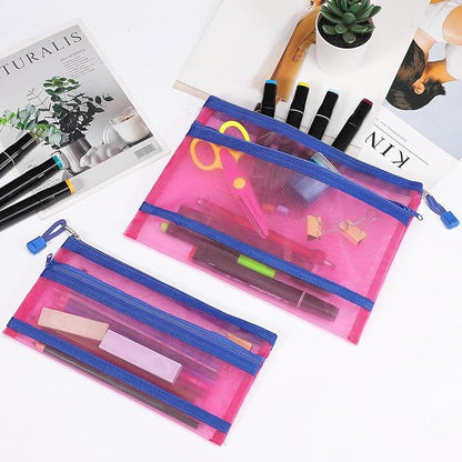 12 Pieces Zipper Nylon Mesh Pouch, Mesh Cosmetic Bags Makeup Bags Pencil Case, Multipurpose Travel Bags for Cosmetic School Office Supplies and Travel Accessories (2 Layers-Hot Pink, A5)