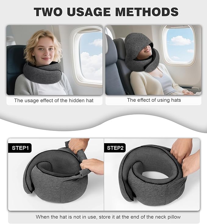 Travel Neck Pillow, Newly Upgraded Hooded Neck Pillow , 100% Pure Memory Foam Travel Pillow for Flight Headrest Sleep,Windproof and heat preservation,Suitable for use in Outdoor/ Plane/Car/Office