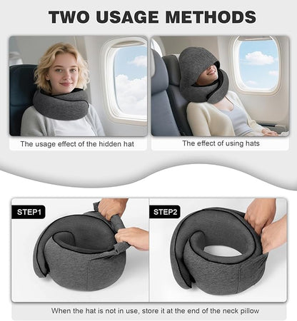 Travel Neck Pillow, Newly Upgraded Hooded Neck Pillow , 100% Pure Memory Foam Travel Pillow for Flight Headrest Sleep,Windproof and heat preservation,Suitable for use in Outdoor/ Plane/Car/Office
