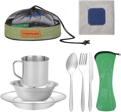 Stainless Steel Camping Cutlery Set - 8 Piece, Includes Spoons, Mugs, Bowls, Plates, Rags & Organizer Straps - Easy to Carry for Backpacking, Camping, Hiking and Picnics