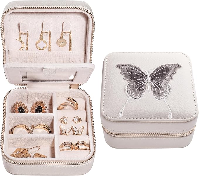 S.Leaf Travel Jewelry Organizer Boxes for Women Small Portable Necklace Earrings Bracelet Rings Travel Case Best Friend Birthday Gifts for Women Trendy (Butterfly_Beige_Gray)
