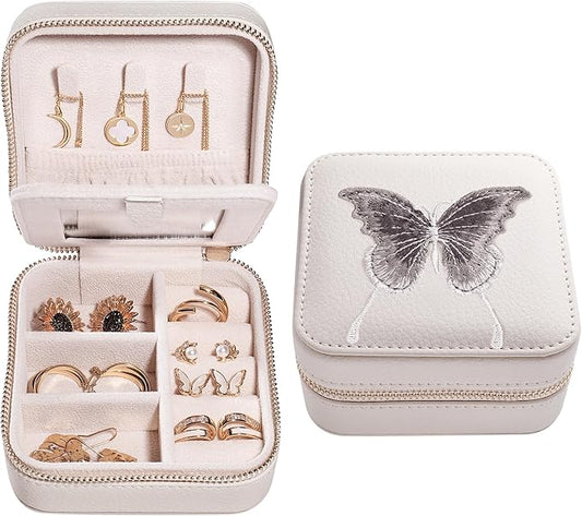 S.Leaf Travel Jewelry Organizer Boxes for Women Small Portable Necklace Earrings Bracelet Rings Travel Case Best Friend Birthday Gifts for Women Trendy (Butterfly_Beige_Gray)