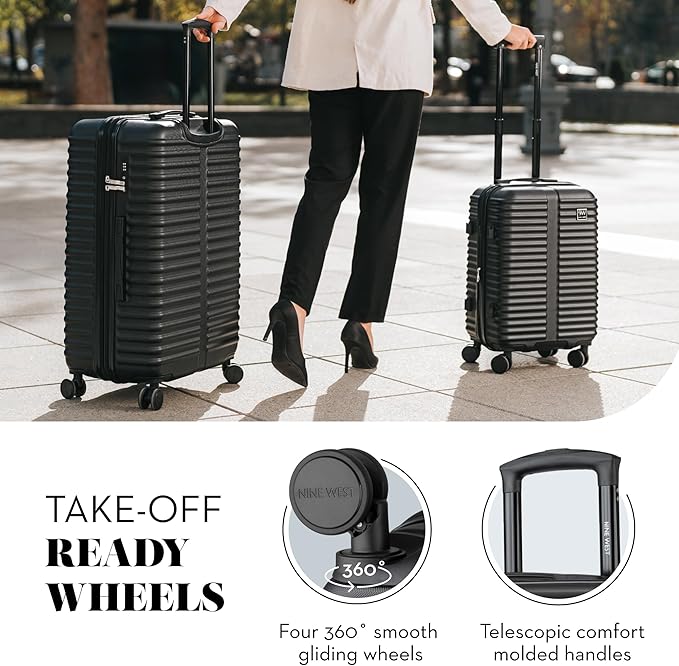Nine West Suvi 2-Piece Smart Luggage Set (20/28), Hardshell Spinners with Cup Holder & USB Port, Expandable & Scuff-Resistant Surface Midnight Black