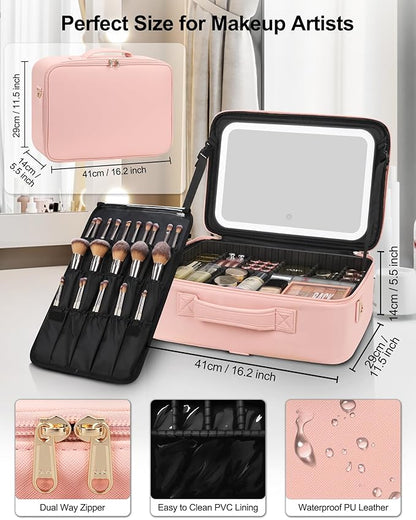 Relavel Makeup Bag with LED Mirror, 16.2 inches Large Professional Makeup Case for Makeup Artists, Travel Portable Cosmetic Organizer Storage Box, Vanity Case with 3 Colors Lighted Mirror, Pink