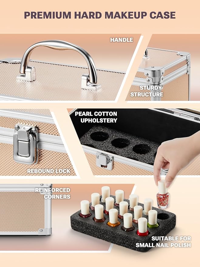 Qislee Makeup Box Mini with A Detachable Lighted Mirror, Waterproof Small Makeup Case,Cosmetic Organizer and Travel Train Case with Magnetic LED Mirror(Silver Frame Rose Gold)