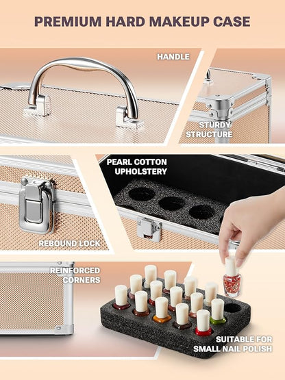 Qislee Makeup Box Mini with A Detachable Lighted Mirror, Waterproof Small Makeup Case,Cosmetic Organizer and Travel Train Case with Magnetic LED Mirror(Silver Frame Rose Gold)