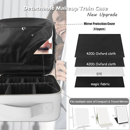 MOMIRA Travel Makeup Bag Cosmetic Bag Makeup Organizer Bag with Lighted Mirror, Adjustable Brightness in 3 Color Scenarios, Waterproof Makeup Train Case, Gift for Women - Silver