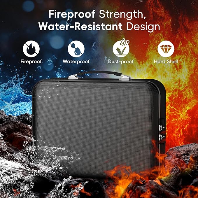 Fireproof Document Box with Lock, Waterproof Hard Shell File Organizer with Accordion Folder, Portable Fireproof File Safe Box for Home Office Storage of Documents, Laptop, Cash & Passports