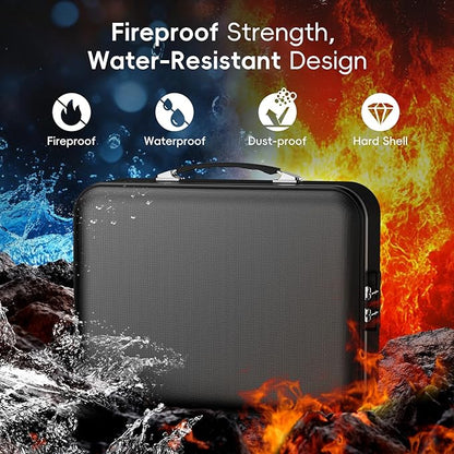 Fireproof Document Box with Lock, Waterproof Hard Shell File Organizer with Accordion Folder, Portable Fireproof File Safe Box for Home Office Storage of Documents, Laptop, Cash & Passports