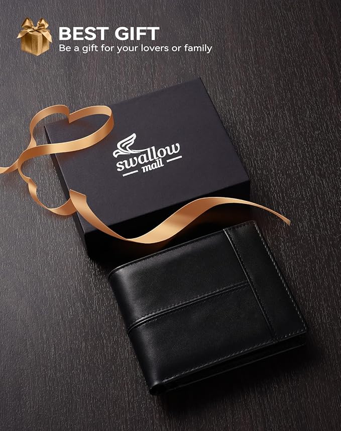 Swallowmall Leather Wallet for Mens Genuine Leather RFID Blocking Bifold Wallets with 2 ID Windows 13 Card Slots