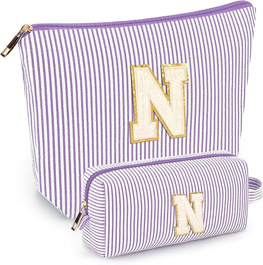 2 PCS Initial Makeup Bags for Women: Cosmetic Bag for Travel Toiletry - Birthday Gifts for 11 12 13 14 15 16 17 18 Years Old Girl Graduation Teacher Gift- Teen Girl Gifts Trendy Stuff - Purple N