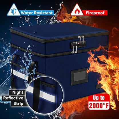 ETRONIK Fireproof Document Box with Lock, 2-Layer File Box Storage Organizer with 5 Tabs& Insert, Portable File Cabinet Storage Box with Handle for Hanging Letter,Legal Size Folder,Certificate, Blue