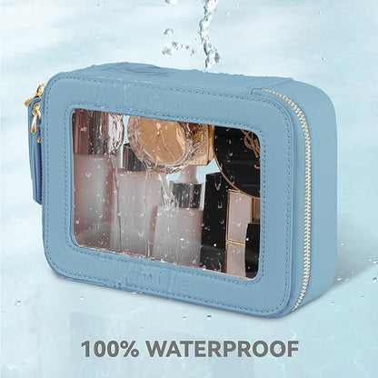 Prite Clear Makeup Bag Cosmetic Organizer Case Waterproof Travel Toiletry Bag Skincare Pouch with Golden Zipper(Blue)
