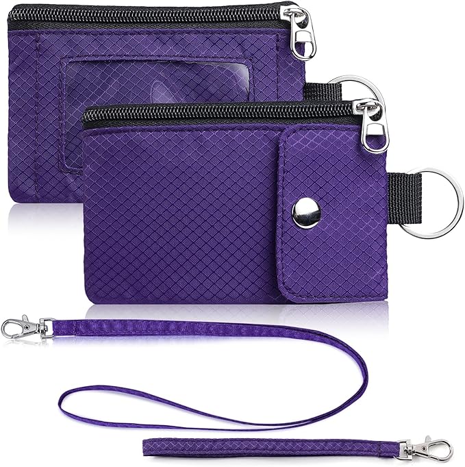Minimalist Wallet For Mens Womens, Keychain RFID Blocking Zipper Small Wallet with ID Window 2 Lanyards,Water Resistant Travel Cash Card Coin Case Boys Girls
