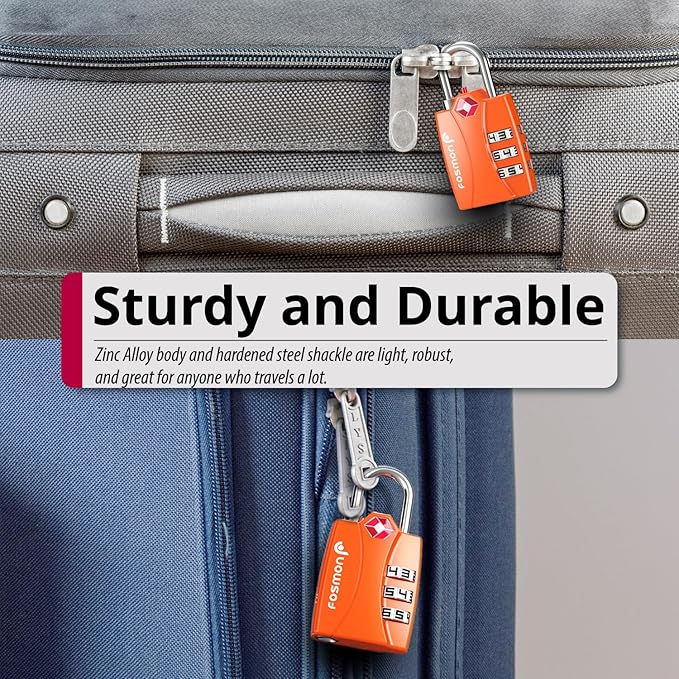 Fosmon TSA Accepted Luggage Locks (Orange - 4 Packs), Open Alert Indicator 3 Digit Combination Padlock Codes for Travel Bag, Suit Case, Lockers