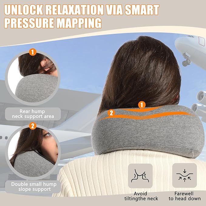 Travel Neck Pillows for Airplanes Or Cars, 360° Head Support for Comfort On Long Flight, Skin-Friendly and Breathable, Kit with 3D Contoured Eye Mask, Earplugs and Storage Bag