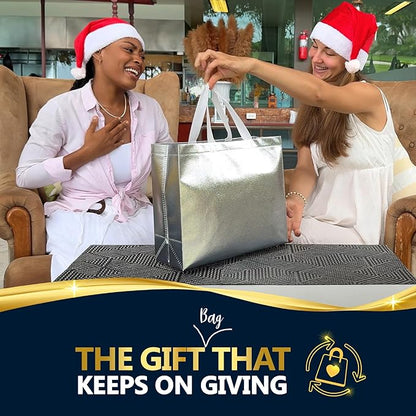 Nush Nush Silver Gift Bags Large Size – Set of 60 Reusable Silver Gift Bags With Handles- Metallic Party Favors Bags In Bulk For Small Business Use In Gifting Events, Christmas, Birthdays - 13Wx5Dx11H