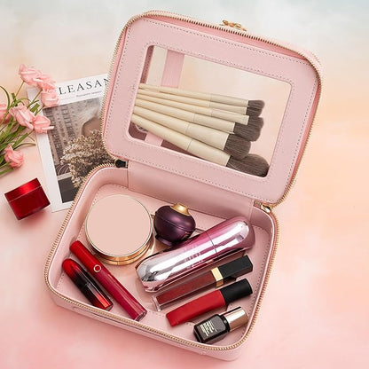 Aveniee XL Clear Makeup Organizer,Double Layer Travel Cosmetic Case with Brush Holder & Zippered Compartments, Large Toiletry Bag Train Case for Women.2 Layers, Pink