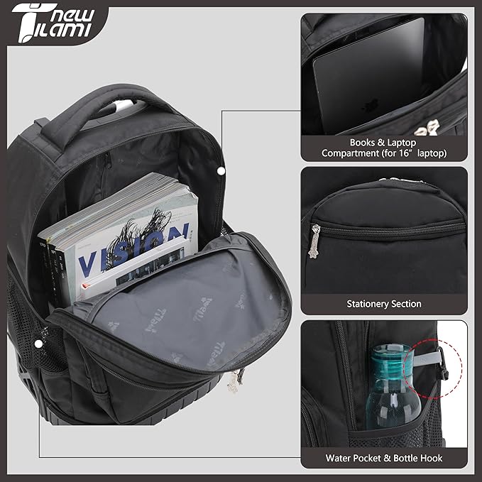 NEW TILAMI Rolling Backpack 16 Inch Wheeled Laptop Backpack with Wheels for Girls Boys School, Black