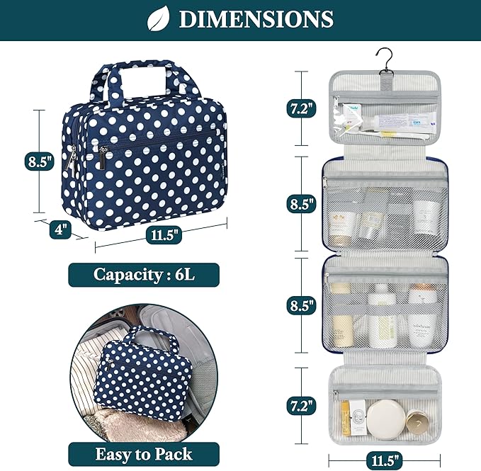 PAVILIA Hanging Toiletry Bag Travel Bag Women Men, Foldable Cosmetic Organizer, Roll up Makeup Bag, Water Resistant Accessories Toiletries, Large Travel Essentials Kit (Navy Polka Dot)