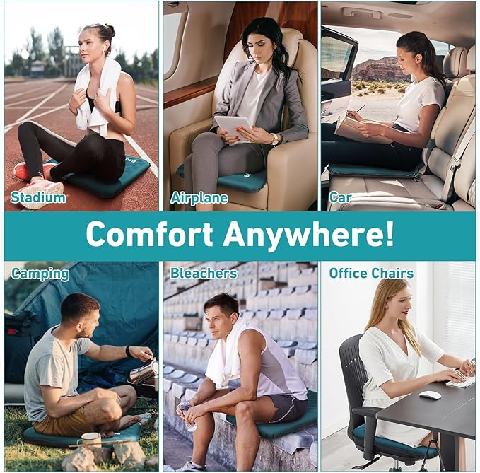 Inflatable Seat Cushion, Self Inflating Memory Foam Stadium Seat Cushion Lightweight Camping Chair Pad Airplane Cushion for Long Flights Outdoor Travel Bleacher Office Car Backpacking (Blue)