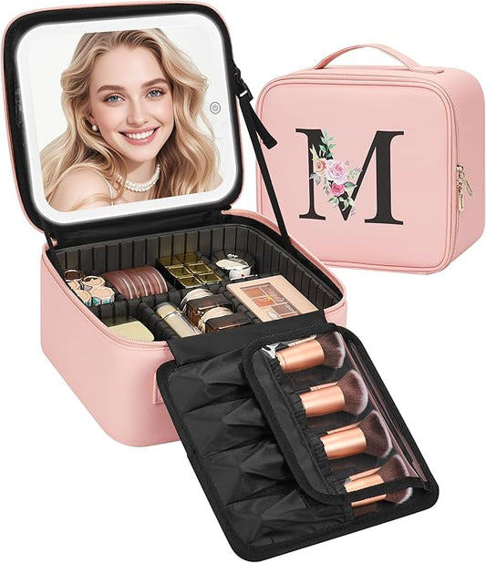 Relavel Initial Makeup Bag with LED Mirror for Women Girls, Personalized Travel Cosmetic Organizer Train Case, Birthday Gifts for Grandkids Bridesmaid Graduation Teacher Friends, Trendy Stuff, Pink M