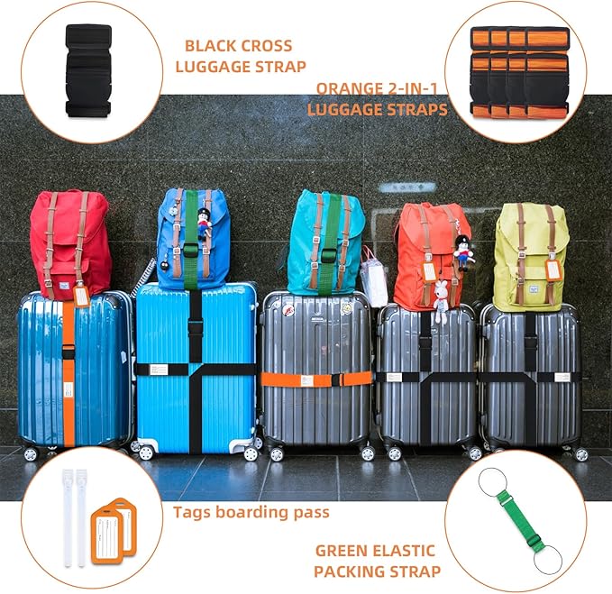 8 pcs Luggage Straps, CNYMANY 2-in-1 Travel Belt Add a Bag Luggage Strap, Adjustable Luggage Straps for suitcases Over Handle for Carry On Bag Airport Travel Accessories - Orange, Green, Black
