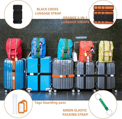8 pcs Luggage Straps, CNYMANY 2-in-1 Travel Belt Add a Bag Luggage Strap, Adjustable Luggage Straps for suitcases Over Handle for Carry On Bag Airport Travel Accessories - Orange, Green, Black
