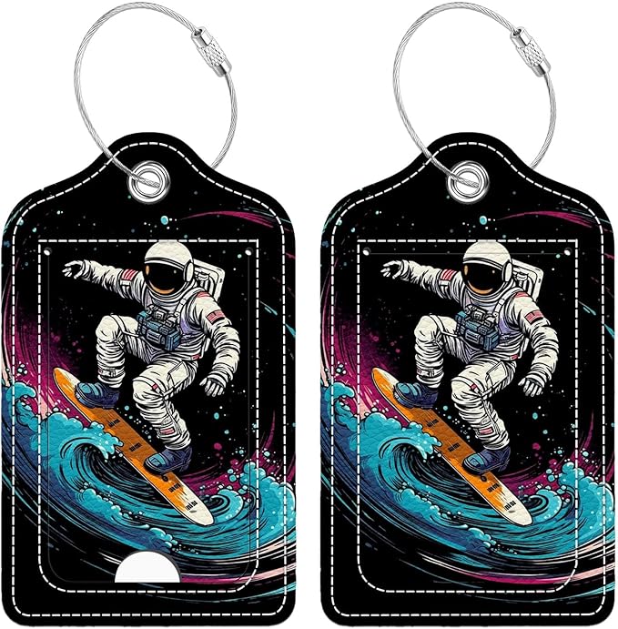 Funny PU Leather Luggage Tags 2-Pack Astronaut Surfing Space Cute Pattern Suitable for Suitcase Stainless Steel Loop and Address Card Essential for Cruise and Airport Travel for Men and Women