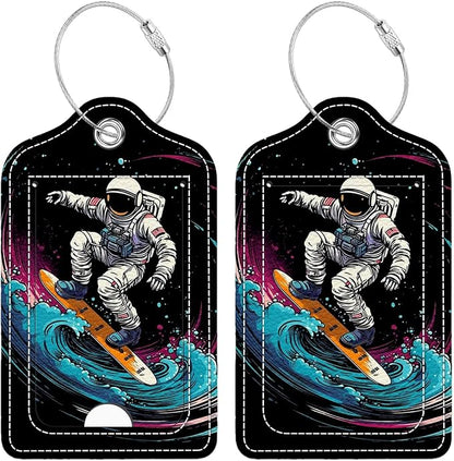 Funny PU Leather Luggage Tags 2-Pack Astronaut Surfing Space Cute Pattern Suitable for Suitcase Stainless Steel Loop and Address Card Essential for Cruise and Airport Travel for Men and Women